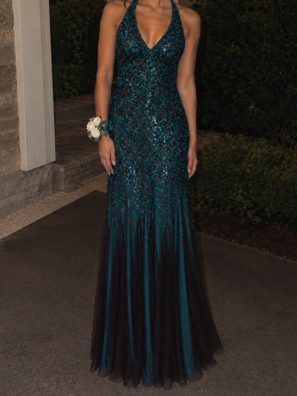 Night Way Collections Teal Sequin Halter Gown